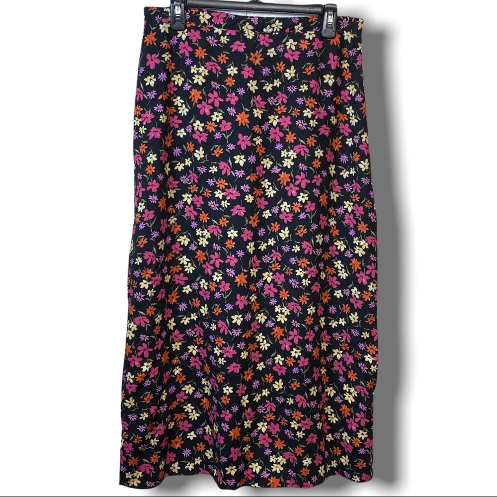 Vintage 90's floral long skirt rayon black floral Spring Summer 12